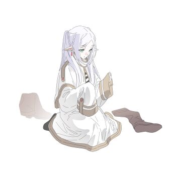 Rule 34 | 1girl, black pantyhose, boots, brown boots, capelet, earrings, elf, frieren, full body, gold trim, green eyes, grey hair, hh123145, highres, jacket, jewelry, long hair, loose clothes, pantyhose, parted bangs, pointy ears, shirt, skirt, sleeves past fingers, sleeves past wrists, solo, sousou no frieren, striped clothes, striped shirt, thick eyebrows, twintails, unworn boots, white background, white capelet, white jacket, white skirt