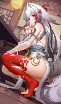 1girl absurdres bare_legs bare_shoulders barefoot body_markings chinese_commentary closed_mouth commentary_request dutch_angle elbow_gloves feet finger_to_mouth fingerless_gloves fox_tail from_side gloves hair_flaps hair_ornament hairband hand_up highres index_finger_raised indoors legs light_smile long_hair looking_at_viewer looking_to_the_side multicolored_hair red_eyes shushing soles solo squatting streaked_hair tail thighs ushiko_xiansheng white_gloves white_hair white_hairband ye_shunguang zenless_zone_zero