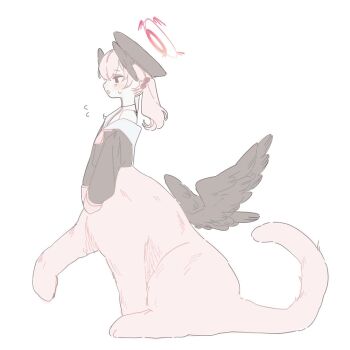 1girl beret black_hat black_shirt black_wings blue_archive blush cat_tail centauroid commentary_request feathered_wings flying_sweatdrops from_side full_body halo hat head_wings koharu_(blue_archive) korean_commentary long_hair long_sleeves low_wings monster_girl multiple_legs nagakiras2 neckerchief off_shoulder open_mouth pink_fur pink_hair pink_neckerchief sailor_collar school_uniform shirt sidelocks simple_background sleeves_past_wrists solo standing standing_on_three_legs sweat tail taur twintails white_background white_sailor_collar wings