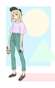 Rule 34 | 1boy, baseball cap, black eyes, black shoes, blonde hair, blue background, blunt bangs, blunt ends, bubble tea, cellphone, collarbone, commentary request, crossdressing, crossdressing (mtf), cup, disposable cup, drink, drinking straw, earrings, full body, green pants, hat, high-waist pants, holding, holding cup, holding drink, holding phone, hoop earrings, jewelry, looking at viewer, medium hair, oozora hibari, pants, phone, pink lips, pink socks, purple shirt, shirt, shirt tucked in, shoes, smartphone, sneakers, socks, solo, stop!! hibari-kun!, strap, tairanoabokado, trap