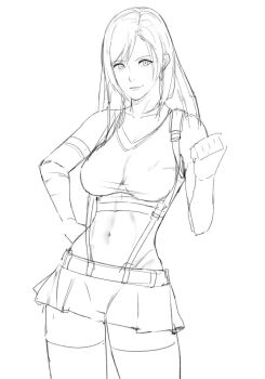 1girl bare_shoulders breasts cleavage clenched_hand closed_mouth collarbone contrapposto cowboy_shot earrings elbow_gloves elbow_pads female_focus final_fantasy final_fantasy_vii final_fantasy_vii_remake fingerless_gloves gloves hand_on_own_hip j@ck jewelry large_breasts long_hair looking_at_viewer low-tied_long_hair microskirt midriff miniskirt navel pleated_skirt shirt simple_background sketch skirt smile solo square_enix standing suspender_skirt suspenders tank_top taut_clothes taut_shirt thighhighs thighs tifa_lockhart unfinished very_long_hair white_background zettai_ryouiki