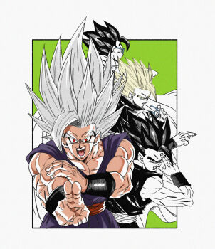 1boy absurdres black_hair blonde_hair border dougi dragon_ball dragon_ball_super dragon_ball_super_super_hero evolution fenyon gohan_beast green_background grey_hair highres long_hair makankousappou medium_hair muscular muscular_male pants potential_unleashed purple_pants purple_shirt red_eyes red_sash sash shirt simple_background sleeveless sleeveless_shirt son_gohan super_saiyan ultimate_gohan v-neck white_border white_hair