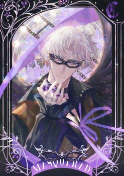 1boy absurdres between_fingers black_border black_cape black_choker black_shirt border brown_vest cape charlie_su chinese_commentary choker clematis_(flower) closed_mouth curtained_hair d20_(die) dice domino_mask english_text eye_mask film_strip flower frilled_sleeves frills highres holding holding_dice jewelry light_and_night_love long_sleeves looking_at_viewer male_focus mask moon_phases multiple_rings neck_ribbon ornate_border outside_border parted_bangs polyhedral_dice popped_collar purple_eyes purple_flower purple_ribbon ribbon ring shirt short_hair sky smile snow234 solo star_(sky) starry_sky upper_body vest white_hair