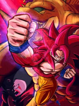 2boys blue_boots body_fur boots character_request clenched_hands demon_realm_porunga dragon dragon_ball dragon_ball_daima gekiroo long_hair male_focus monkey_tail multiple_boys muscular muscular_male open_mouth orange_pants pants punching red_eyes red_fur red_hair red_tail solo_focus son_goku spiked_hair tail topless_male