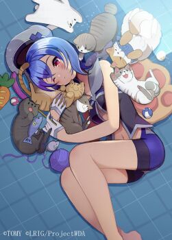 1girl beret black_shirt blue_hair blue_shorts blush cat closed_mouth gloves hat highres kei_s01 looking_at_viewer lying medium_hair official_art on_side one_eye_closed red_eyes shirt shorts solo sorachi_makina white_gloves white_hat wixoss