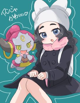 1girl ansha_(pokemon) backpack bag blue_eyes blush braid buttons coat gen_6_pokemon green_background grey_hair hat highres hoopa hoopa_(confined) japanese_text legendary_pokemon looking_to_the_side mythical_pokemon nintendo open_mouth pokemon pokemon_legends:_z-a ryokukoucha scarf sitting solo