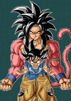 Rule 34 | 1boy, 5yj9qhslw5jg7mg, biceps, black hair, blue sash, body fur, dragon ball, dragon ball gt, dual persona, highres, long hair, looking at viewer, male focus, monkey boy, monkey tail, multiple boys, muscular, muscular male, no nipples, pants, pectorals, red fur, saiyan, sash, smile, son goku, spiked hair, super saiyan, super saiyan 4, tail, yellow pants
