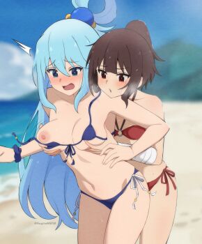 2girls absurdres aqua_(konosuba) bare_shoulders beach bikini black_bikini blue_bikini blue_eyes blue_hair blush breasts brown_hair cloud cloudy_sky front-tie_bikini_top front-tie_top grabbing_another's_breast groping highres kagironsfw kono_subarashii_sekai_ni_shukufuku_wo! long_hair medium_breasts megumin multiple_girls navel nipples ocean one_breast_out open_mouth red_eyes side-tie_bikini_bottom side_ponytail skindentation sky small_breasts standing stomach sweatdrop swimsuit very_long_hair