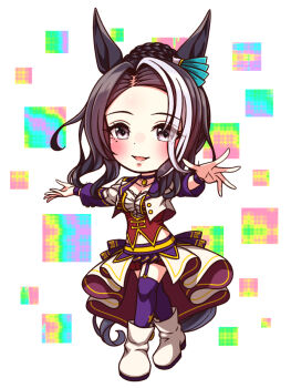 1girl animal_ears black_hair blush bodice boots braid breasts chibi chibi_only choker cleavage collarbone commentary_request corset cropped_jacket full_body garter_straps hair_bun highres horse_ears horse_girl horse_tail jacket large_breasts long_hair long_sleeves looking_at_viewer mejiro_ramonu_(umamusume) midriff_peek mole mole_under_eye multicolored_hair navel outstretched_arms overskirt parted_lips pendant_choker purple_choker purple_eyes purple_garter_straps purple_thighhighs red_corset red_shorts shirt shorts smile solo spread_arms star_(symbol) starting_future_(umamusume) streaked_hair striped_hair sugimotty_nova tail thighhighs umamusume white_boots white_hair white_jacket white_shirt wristband