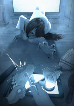 1girl ^^^ barefoot black_hair black_nails blush breasts broom cleavage closed_eyes commentary controller cuffs dress electric_toothbrush english_commentary feet foot_focus foreshortening hair_over_eyes hair_over_one_eye handcuffs highres kusujinn long_hair long_sleeves nail_polish open_mouth paid_reward_available paper pov pov_hands reaching reaching_towards_viewer remote_control restrained soles solo_focus sweat tears television the_ring through_medium through_screen tickle_torture tickling tickling_feet toe_grab toe_scrunch toes toothbrush very_long_hair white_dress yamamura_sadako