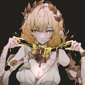 1girl aglaea_(honkai:_star_rail) blonde_hair bob_cut bracelet breasts chest_tattoo cleavage clothing_cutout commentary floral_print flower greco-roman_clothes green_eyes highres honkai:_star_rail honkai_(series) jewelry laurel_crown nail_polish necklace simple_background tattoo thread upper_body white_flower yellow_blood yunoji_(onigiri_yumi09)