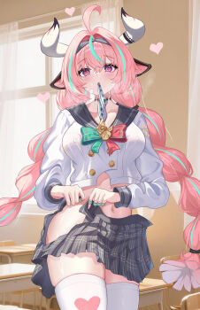 1girl absurdres animal_ears artist_request braid breasts commentary_request cow_ears cow_horns desk genshin_impact heart heart-shaped_pupils highres horns large_breasts multicolored_hair pantyhose pink_hair school_desk school_uniform serafuku skirt symbol-shaped_pupils thighhighs twin_braids twintails undressing varesa_(genshin_impact) white_pantyhose