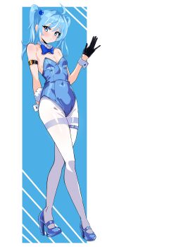 Rule 34 | 1girl, absurdres, ahoge, arahashi tabi, arm at side, arm strap, black gloves, blue background, blue bow, blue bowtie, blue eyes, blue hair, blue leotard, blue shoes, blush, bow, bowtie, breasts, cleavage, closed mouth, collar, commentary request, covered navel, detached collar, full body, gloves, gotit, hair bobbles, hair ornament, hand up, high heels, highres, korean commentary, leotard, long hair, looking at viewer, medium breasts, multicolored hair, negative space, pantyhose, shoes, solo, standing, stellive, strapless, strapless leotard, streaked hair, thighband pantyhose, twintails, two-tone background, virtual youtuber, white background, white collar, white pantyhose, white wrist cuffs, wing collar, wrist cuffs