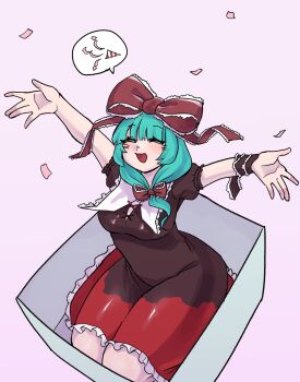 1girl absurdres bow box breasts brown_dress bulletcamera closed_eyes collared_dress commentary curvy dress frilled_dress frills front_ponytail hair_bow hair_ribbon highres in_box in_container kagiyama_hina korean_commentary large_breasts open_mouth plump puffy_short_sleeves puffy_sleeves red_bow red_dress red_ribbon ribbon short_sleeves smile solo thick_thighs thighs touhou two-tone_dress wrist_ribbon