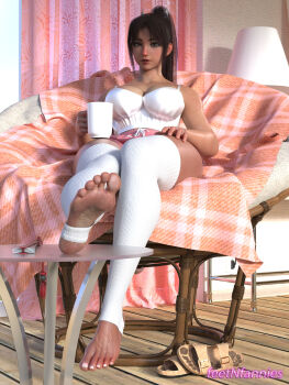 1girl 3d absurdres breasts brown_hair coffee_mug cup dirty dolphin_shorts fatal_fury feet feet_on_table feetnfannies full_body hand_fan highres large_breasts legs looking_at_viewer mug nail_polish official_alternate_costume parted_lips pink_shorts ponytail presenting_foot sandals shiranui_mai shorts sitting snk soles solo stirrup_legwear street_fighter street_fighter_6 thick_thighs thighhighs thighs toeless_legwear toenail_polish toenails toes