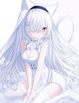 1girl absurdres animal_ears apron bare_arms between_legs black_hairband blue_nails breasts cat_girl cat_tail cleavage closed_mouth commentary_request cross dress eyes_visible_through_hair fingernails frilled_shirt_collar frills full_body hair_ornament hair_over_one_eye hairband hand_between_legs heart heart_hair_ornament highres iris37337 latin_cross long_bangs long_fingernails long_hair looking_at_viewer medium_breasts nail_polish no_shoes original pelvic_curtain simple_background sitting smile solo tail thighhighs twitter_username veil very_long_hair wariza white_apron white_background white_dress white_hair white_thighhighs white_veil yellow_eyes