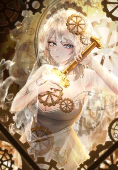 1girl absurdres analog_clock blue_eyes breasts bridal_veil cleavage clock clock_hair_ornament clock_print closed_mouth drawing_sword dress e.g.o_(project_moon) everlasting_(e.g.o) faust_(project_moon) gear_hair_ornament gears glowing glowing_sword glowing_weapon highres holding holding_sword holding_weapon human_scabbard large_breasts limbus_company looking_at_viewer medium_hair object_on_breast project_moon sipyung solo sword sword_between_breasts veil weapon wedding_dress white_dress white_hair white_veil
