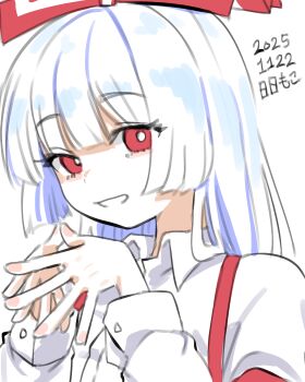 1girl absurdres blunt_bangs bright_pupils commentary dated fujiwara_no_mokou highres long_hair looking_at_viewer neophyte own_hands_together red_eyes shirt simple_background smile solo steepled_fingers straight_hair suspenders touhou upper_body white_background white_hair white_pupils white_shirt