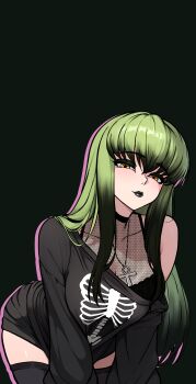 1girl absurdres all_fours black_background black_choker black_lips c.c. casual choker code_geass code_geass:_fukkatsu_no_lelouch collarbone commentary goth_fashion green_hair hair_between_eyes highres jewelry leaning_forward lips long_hair looking_at_viewer multicolored_hair off_shoulder pendant print_shirt redpostit see-through_clothes shirt sidelocks simple_background single_bare_shoulder skeleton solo thighhighs two-tone_hair wispy_bangs yellow_eyes zettai_ryouiki