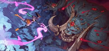 absurdres asymmetrical_arms barefoot battle blonde_hair commentary dagger dual_wielding english_commentary extra_eyes fangs glowing glowing_feet glowing_weapon green_arm hades_(series) hades_2 highres holding horns knife lady_santos laurel_crown melinoe_(hades) midair monster mountain sharp_teeth sickle skeletal_arm teeth too_many_eyes tusks typhon_(hades) weapon