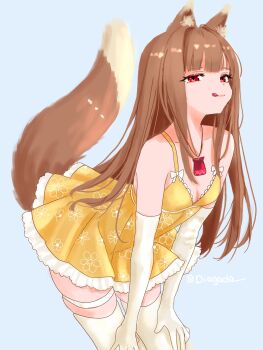 1girl :q animal_ear_fluff animal_ears bare_shoulders blunt_bangs bow breasts brown_hair cleavage diagada dress floral_print frilled_dress frills highres holo long_hair looking_at_viewer neck_pouch red_eyes simple_background skindentation small_breasts solo spaghetti_strap spice_and_wolf tail thigh_strap thighhighs tongue tongue_out twitter_username white_bow white_thighhighs wolf_ears wolf_girl wolf_tail yellow_dress