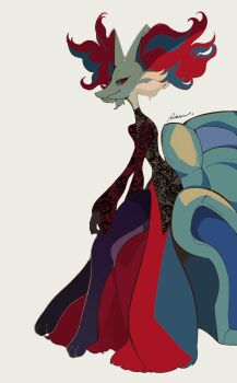 1other animal_ears closed_mouth commentary_request delphox dress fishnet_top fishnets fox_ears furry gen_6_pokemon highres legs long_sleeves looking_back nintendo other_focus pokemon pokemon_(creature) red_eyes rendoll simple_background smile solo