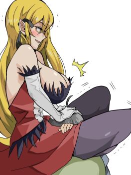 1boy 1girl araragi_koyomi between_thighs blonde_hair breasts cunnilingus dress hand_on_another&#039;s_head kiss-shot_acerola-orion_heart-under-blade large_breasts long_hair monogatari_(series) nari_(nari149528) oral oshino_shinobu red_dress vampire