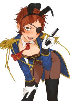 Rule 34 | 1boy, armband, bent over, black thighhighs, brown eyes, brown hair, commentary, detached collar, english commentary, floating neckwear, gloves, highres, holding toy gun, k-project, legwear garter, looking at viewer, male focus, mastectomy scar, mouth hold, necktie, nipple slip, nipples, open mouth, red armband, red necktie, scar, scar on chest, scar peek, short hair, short necktie, simple background, solo, tattoo, teeth hold, thighhighs, tongue, treslech3s, white background, white gloves, yata misaki