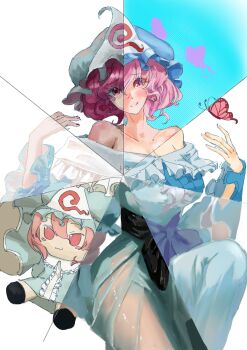 1girl artist_collaboration artist_request bare_shoulders barefoot blue_hat blue_kimono breasts bug butterfly character_doll chinese_commentary closed_mouth commentary_request doll frilled_kimono frills fumo_(doll) hat highres i_love_suwako insect japanese_clothes kimono large_breasts long_sleeves looking_at_viewer mob_cap pink_butterfly pink_eyes pink_hair saigyouji_yuyuko shi_yu_mu_xi sleeve_garter smile touhou triangular_headpiece wide_sleeves