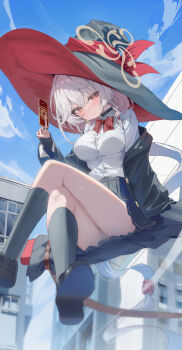 1girl absurdres black_hat black_jacket black_skirt blue_archive blue_sky blush bolt_action bow bowtie braid breasts carcano card collared_shirt earrings eri_(blue_archive) gun halo hat highres jacket jewelry kerno kneehighs large_breasts long_hair long_sleeves looking_at_viewer orange_eyes panties pleated_skirt rifle shirt skirt sky socks solo underwear weapon white_hair white_panties white_shirt witch_hat