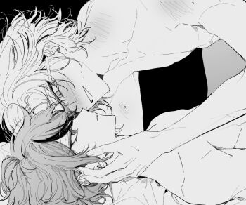 2boys aotsuki_eito blush body_blush boy_on_top collarbone glasses holding_another's_hair looking_ahead looking_at_another male_focus monochrome multicolored_hair multiple_boys nude on_bed palme310 scene_reference short_hair simple_background streaked_hair sumino_takumi the_hundred_line_-last_defense_academy- wrinkled_fabric yaoi