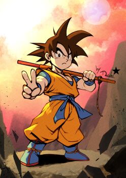 1boy belt black_hair blue_belt blue_boots blue_shirt boots commentary dragon_ball dragon_ball_(classic) dragon_ball_daima dragonball_z frown furrowed_brow highres looking_at_viewer male_focus mochi_mangaka nintendo orange_dougi over_shoulder pectorals shirt short_hair short_sleeves solo son_goku spiked_hair super_smash_bros. symbol-only_commentary v weapon weapon_over_shoulder
