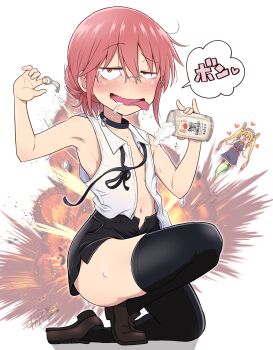Rule 34 | 2girls, absurdres, beer can, black collar, black ribbon, black skirt, black thighhighs, blush, brown shoes, can, chainsaw man, collar, commentary request, drink can, explosion, flat chest, foam, heart, highres, kobayashi-san chi no maidragon, kobayashi (maidragon), looking at viewer, motokazu (dontokodon), multiple girls, open clothes, open shirt, opening can, orange eyes, red hair, reze (chainsaw man), ribbon, scene reference, semi-rimless eyewear, shoes, skirt, speech bubble, sweat, thighhighs, tohru (maidragon), tongue, tongue out, white background