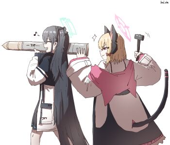 2girls :3 :d ^_^ absurdres animal_ear_headphones animal_ears aqua_halo aris_(blue_archive) artist_name black_hair black_jacket blonde_hair blue_archive cat_ear_headphones cat_ears cat_tail closed_eyes commentary cowboy_shot eighth_note fake_animal_ears fake_tail from_side half-closed_eyes halo hammer hand_up hands_up headphones highres holding holding_hammer holding_tank_shell jacket kai_xin long_hair long_sleeves momoi_(blue_archive) multicolored_jacket multiple_girls musical_note open_mouth photo-referenced pink_halo profile rectangular_halo simple_background smile symbol-only_commentary tail tank_shell two-tone_jacket v-shaped_eyebrows very_long_hair white_background white_jacket wide_sleeves