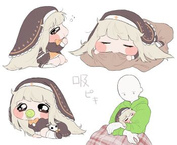 1boy 1girl absurdres all_fours aoi_(0ud0ntabetabe) black_coif black_veil blonde_hair blush_stickers chibi coif commentary_request diyap_(style) highres long_hair long_sleeves meme miniapron nun open_mouth pacifier pleading_eyes speaki_(trickcal) speakiposting_(meme) sweater tears thumb_sucking trickcal veil wavy_eyes