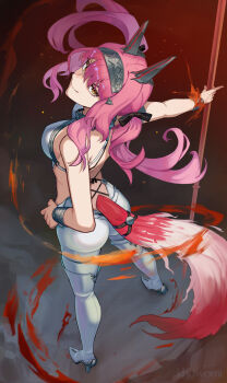 1girl absurdres ass back black_bow bodysuit boots bow breasts closed_mouth commentary english_commentary from_behind hair_bow hairband hand_on_own_hip headgear high_heel_boots high_heels highres khuwomi21 long_hair looking_at_viewer looking_back looking_up lupa_(wuthering_waves) medium_breasts metal_hairband pink_hair red_pupils smile solo standing tail thigh_boots white_bodysuit white_boots wolf_tail wrist_guards wuthering_waves yellow_eyes