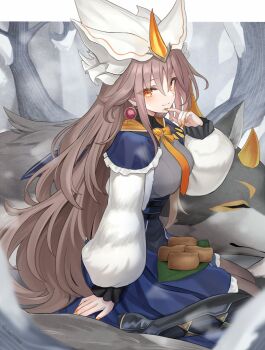 1girl brown_hair dress duel_monster earrings fingernails forest hair_between_eyes hat highres jewelry light_smile long_hair long_sleeves looking_at_viewer nature orange_eyes puffy_sleeves sidelocks silvy_of_the_white_forest witch witch_hat wolf yu-gi-oh! zen77766