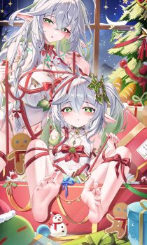 2girls :q absurdres aranara_(genshin_impact) artist_name bare_shoulders barefoot between_breasts blush body_markings bow bowtie braid breasts candy candy_cane chinese_commentary christmas_tree cleavage closed_mouth clothing_cutout collarbone commentary_request covered_navel cross-shaped_pupils dendro_slime_(genshin_impact) double-parted_bangs dress fingernails flat_chest food genshin_impact gift gingerbread_man gold_trim gradient_hair green_eyes green_hair hair_between_eyes hair_ornament hand_up hands_up highres indoors jndfh large_breasts leaf_hair_ornament light_smile loli long_hair looking_at_viewer multicolored_hair multiple_girls nahida_(genshin_impact) navel navel_cutout night pixiv_logo pointy_ears red_bow red_bowtie red_ribbon ribbon rukkhadevata_(genshin_impact) side_ponytail sitting sleeveless sleeveless_dress slime_(genshin_impact) symbol-shaped_pupils toes tongue tongue_out variant_set very_long_hair white_dress white_hair