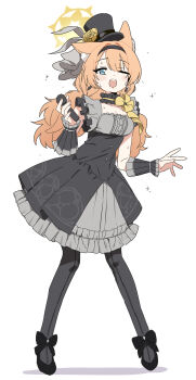1girl absurdres alternate_costume alternate_hairstyle animal_ear_fluff animal_ears b.t._(boob_tong) black_dress black_hairband black_hat black_pantyhose black_shoes blue_archive blue_eyes blush breasts commentary dress flower fox_ears frilled_dress frills full_body hairband halo hat hat_flower highres holding holding_microphone idol long_hair looking_at_viewer mari_(blue_archive) mari_(idol)_(blue_archive) microphone mini_hat mini_top_hat one_eye_closed open_mouth orange_hair pantyhose shoes simple_background solo sweat top_hat untranslatable_commentary white_background yellow_halo