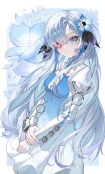 Rule 34 | 1girl, absurdres, anemone (flower), blue dress, blue streaks, closed mouth, commentary request, dress, floral background, flower, gradient clothes, gradient dress, grey eyes, hair flower, hair ornament, hand on own wrist, heterochromia, highres, isekaijoucho, juliet sleeves, kamitsubaki studio, long hair, long sleeves, looking at viewer, mismatched pupils, multicolored hair, o-ring, ohjjo, parted bangs, puffy sleeves, red eyes, shrug (clothing), sidelocks, smile, solo, streaked hair, thick eyelashes, very long hair, virtual youtuber, white background, white dress, white flower, white hair, white shrug