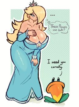 aqua_dress bare_shoulders blonde_hair blue_eyes breasts brooch cleavage crown crumbleferret curvy dress earrings hair_over_one_eye huge_breasts jewelry long_hair long_sleeves mario_(series) nintendo off-shoulder_dress off_shoulder rosalina star_(symbol) star_brooch star_earrings super_mario_bros._wonder talking_flower_(mario)