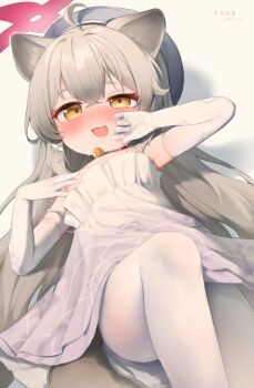 1girl :d absurdres animal_ears areola_slip bell blue_archive blush brown_eyes chinese_commentary commentary_request dress earrings elbow_gloves fang gloves go-sai_tamanegi grey_hair halo highres jewelry jingle_bell loli long_hair michiru_(blue_archive) michiru_(dress)_(blue_archive) neck_bell nose_blush official_alternate_costume open_mouth pantyhose pink_halo raccoon_ears raccoon_girl raccoon_tail skin_fang smile solo tail white_dress white_gloves white_pantyhose