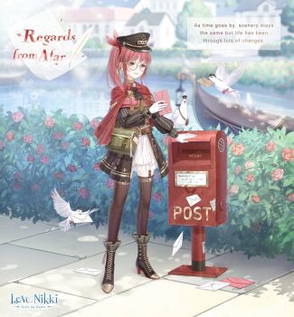 1girl argyle_clothes argyle_dress artist_request ascot bag belt belt_buckle bird black_ascot black_boots black_dress black_hat black_thighhighs blue_sky boat boots bow bowtie brooch brown_belt brown_eyes buckle bush character_name cloak copyright_logo day dove dress english_text envelope eyelashes feather_hair_ornament feathers flower frilled_boots frilled_skirt frilled_sleeves frills full_body glasses gloves gold_buckle green_bag green_vest grey-framed_eyewear hair_ornament hair_over_shoulder hair_scrunchie happy hat high_heel_boots high_heels holding holding_envelope house jewelry knees lace-up_boots letter logo long_hair long_sleeves looking_at_object love_letter military_hat miniskirt miracle_nikki nikki_(series) official_art outdoors peaked_cap pleated_dress pleated_skirt pocket_watch postbox_(outgoing_mail) puffy_long_sleeves puffy_sleeves quill red_bow red_bowtie red_cloak red_flower red_hair red_rose red_scrunchie regards_from_afar_(miracle_nikki) ribbed_thighhighs ribbon rose round_eyewear scrunchie shade short_dress shoulder_bag side_ponytail skirt skirt_under_dress sky solo standing studded_belt thighhighs third-party_source tree turtleneck turtleneck_dress vertical-striped_sleeves vest watch watercraft white_gloves white_skirt zettai_ryouiki