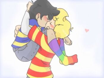artist_request black_hair blonde_hair carrying kiss lucas_(mother) lucas_(mother_3) mother_(series) mother_2 mother_3 ness ness_(mother_2) nintendo rainbow_socks shirt shota striped striped_clothes striped_shirt super_smash_bros. yaoi