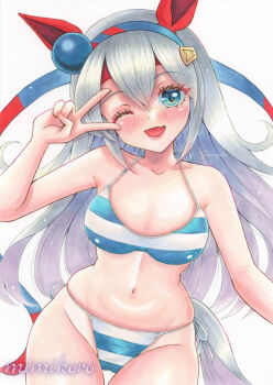 1girl absurdres animal_ears bare_arms bare_shoulders bikini blue_eyes blue_hairband blush breasts collarbone commentary_request ear_covers fang grey_hair grey_tail hair_between_eyes hairband headband highres horse_ears horse_girl horse_tail long_hair looking_at_viewer marker_(medium) medium_breasts mimikuro multicolored_hairband navel one_eye_closed open_mouth red_headband skin_fang smile stomach swimsuit tail tamamo_cross_(umamusume) traditional_media two-tone_hairband umamusume v very_long_hair