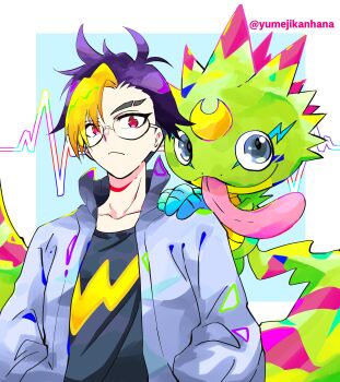 Rule 34 | 1boy, absurdres, black shirt, blonde hair, blue hair, digimon, digimon beatbreak, gecko, gekkomon, hands in pockets, highres, jacket, male focus, multicolored hair, purple hair, shirt, short hair, tenma tomoro, tongue, tongue out, two-tone hair, upper body, white jacket, yumejikanhana