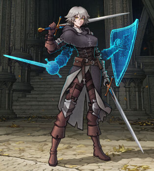 1girl absurdres arch architecture armor asymmetrical_bangs asymmetrical_gloves belt belt_buckle belt_pouch blue_gemstone boots buckle column confessor_(elden_ring) cross elbow_pads elden_ring extra_arms falling_leaves full_body gauntlets gem gloves glowing glowing_arm glowing_shield glowing_sword glowing_weapon highres holding holding_sword holding_weapon hood hood_down jacket knee_pads layered_clothes leaf leather leather_boots long_sword magic over_shoulder padded_armor pauldrons pillar pouch rapier rivets shadow shield short_hair shoulder_armor single_elbow_pad single_gauntlet single_pauldron skirt solo soulless_sketch stairs standing sword sword_over_shoulder tarnished_(elden_ring) thigh_strap triple_wielding weapon weapon_over_shoulder white_hair yellow_eyes