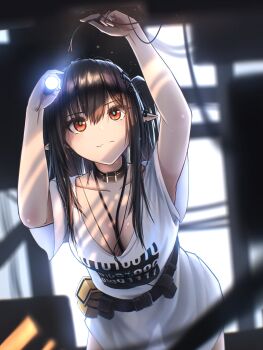 1girl arknights black_collar black_hair breasts cable closure_(arknights) collar commentary_request flashlight highres holding holding_flashlight large_breasts long_hair okukin_07 pointy_ears red_eyes shirt solo two_side_up white_shirt wire