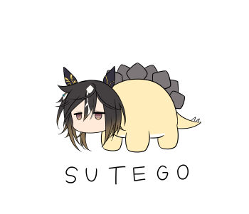 1girl black_hair brown_hair chibi daien dinosaur female_focus half-closed_eyes solo spikes standing stay_gold_(umamusume) stegosaurus tail umamusume umamusume:_cinderella_gray white_bg