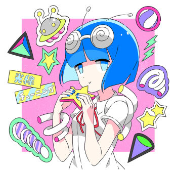1girl :t antennae blue_eyes blue_hair blue_nails blunt_bangs blunt_ends bob_cut border chamooi chunithm chunithm_star closed_mouth coke-bottle_glasses collared_shirt commentary cone_(geometry) dot_nose eating eyewear_on_head food_bite glasses holding jitome lightning_bolt_symbol looking_at_viewer mazeran_mazeran nail_polish neck_ribbon pink_background pyramid_(geometry) red_ribbon ribbon school_uniform shirt short_hair short_sleeves simple_background solo song_name square star_(symbol) ufo upper_body white_border white_shirt